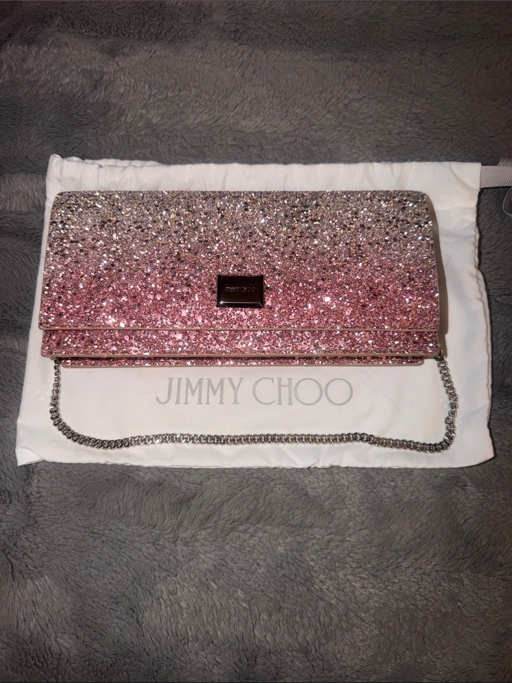 Preloved Jimmy Choo Rose Pink Glitter Ombre Chain Clutch comes dust bag